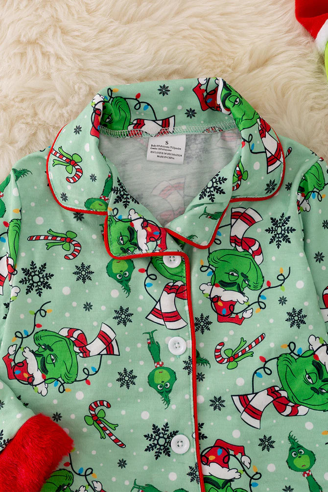 Green Pajama Red Fur Trim Dress