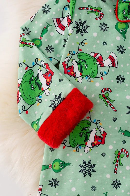 Green Pajama Red Fur Trim Dress
