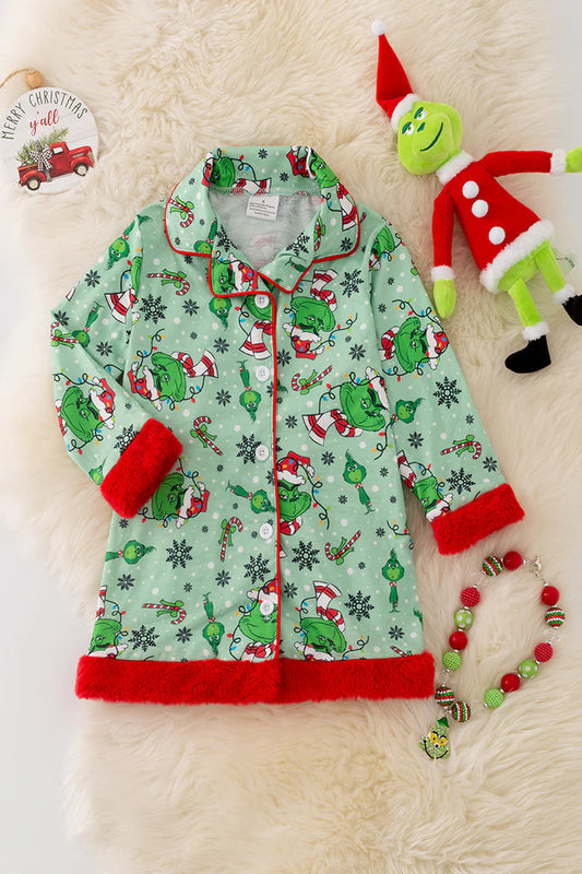 Green Pajama Red Fur Trim Dress