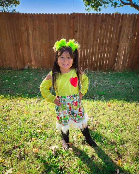 Grincĥ Long Sleeve White Fur Trim Dress